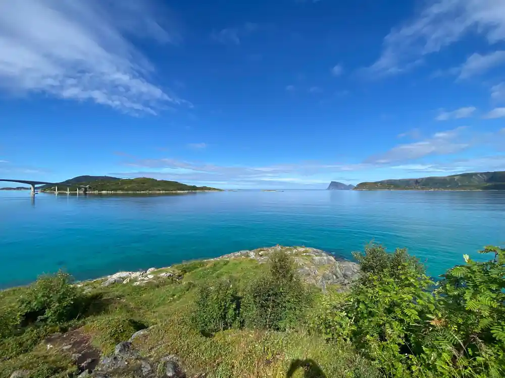 Green islets in bright blue water under clear sky