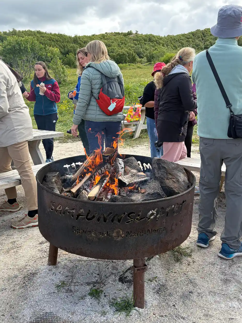 Guests gathered around a fire pit with food on a table