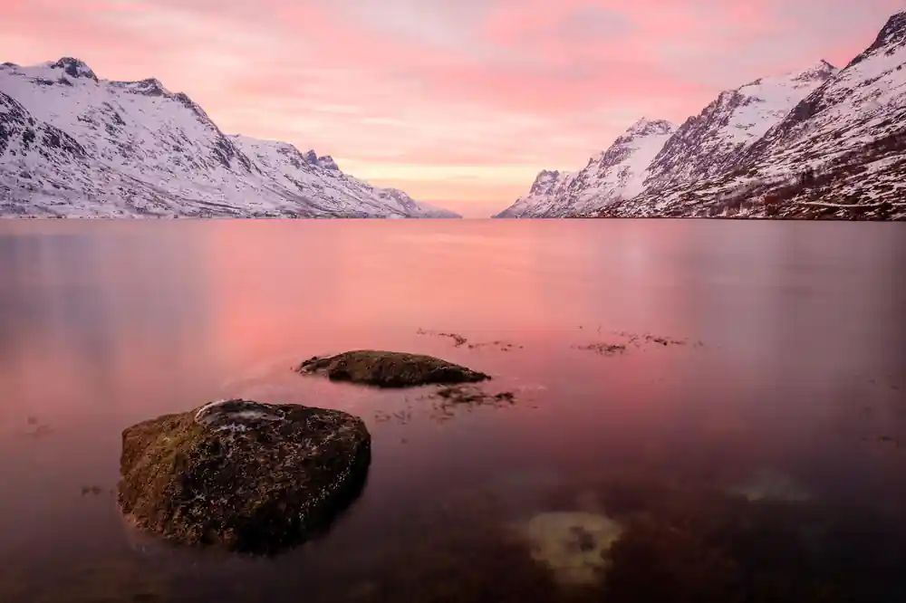 Pink dusk light over still water between snowy mountains