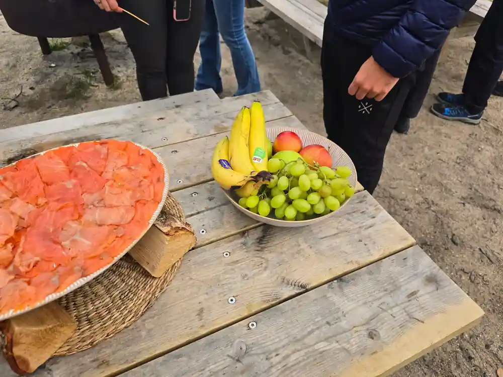 Salmon and a bowl of fruit at the end of the picnic table