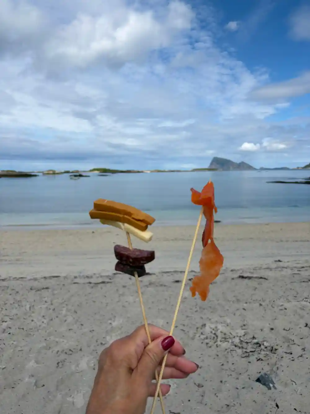 Skewers of grilled food held up on the beach